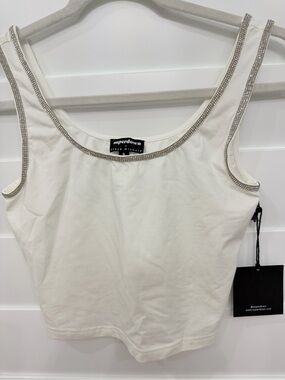 superdown White Tank Top with Rhinestone Trim